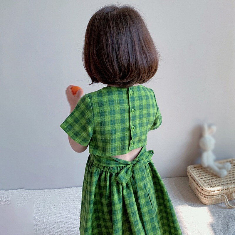 Rochie de vară pentru fete 3-8T, cu decolteu, cu mâneci scurte, cu fundă în carouri verde, fără talie, rochii de prințesă, în stil coreean, rochii pentru fetițe.