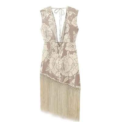 Naiste moodne ja elegantne õmmeldud narmastega trükitud V-kaelusega pikk kleit, õhuke peokleit, kleidiseelik