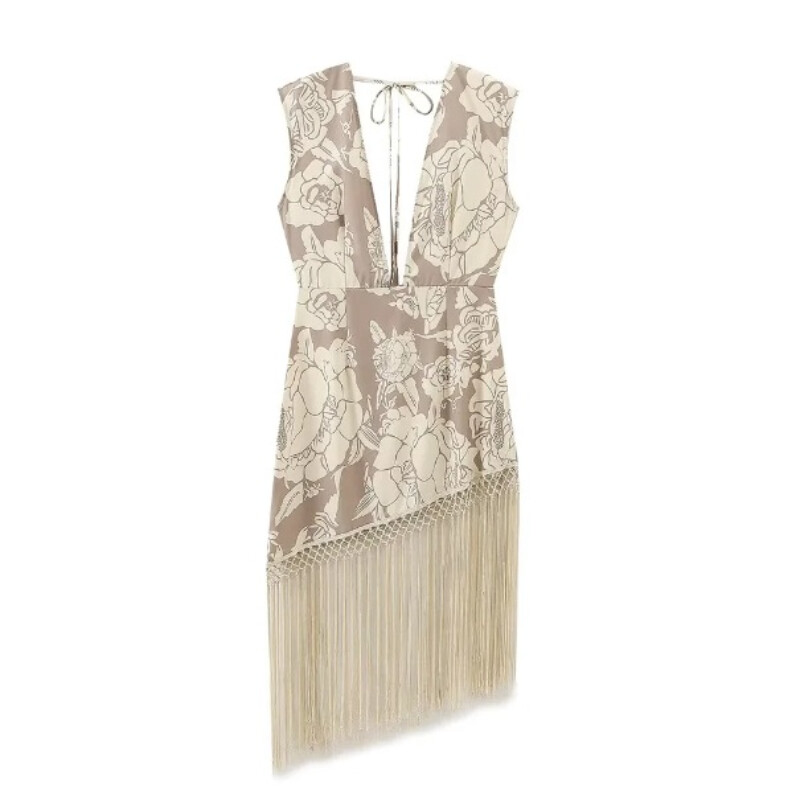 Naiste moodne ja elegantne õmmeldud narmastega trükitud V-kaelusega pikk kleit, õhuke peokleit, kleidiseelik