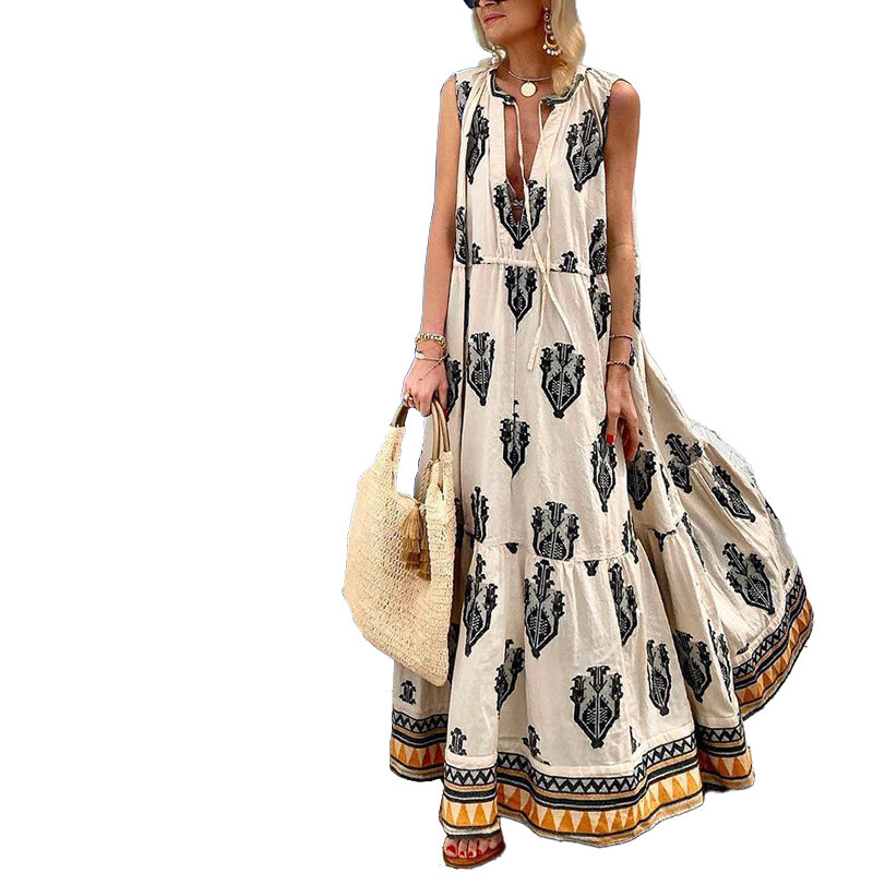 BAMBOOBOY naiste boheemlaslik kleit Sügav V-kaelusega A-joon varrukateta Retro-maksikleidid Kõrge vöökohaga avar maapikkuses pikk kleit