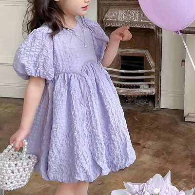 Tüdrukute suvekleit Uus moodne ühevärviline magus kleit lühikeste varrukatega printsesskleit kohev kleit lastele riided