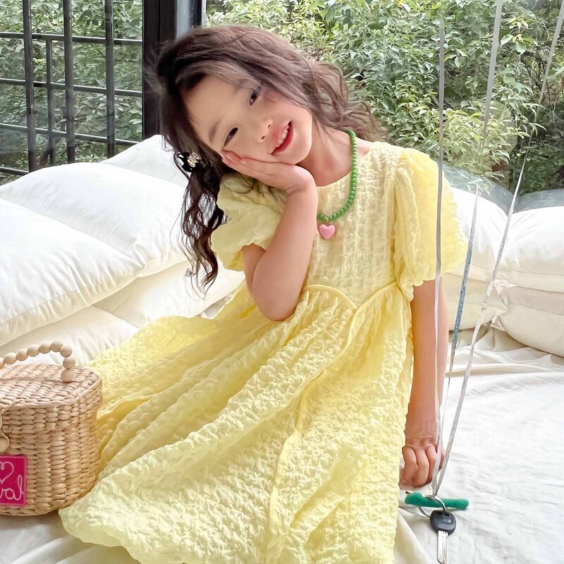 Tüdrukute suvekleit Uus moodne ühevärviline magus kleit lühikeste varrukatega printsesskleit kohev kleit lastele riided