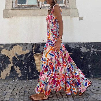 2024 Boho Print Women Sling Dress Ежедневни готини свободни плажни дълги рокли без ръкави Лятна мода Нови печатни парти женски рокли