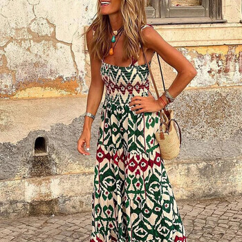 2024 Boho Print Women Sling Dress Ежедневни готини свободни плажни дълги рокли без ръкави Лятна мода Нови печатни парти женски рокли