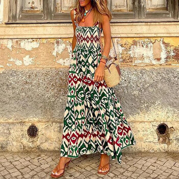 2024 Boho Print Women Sling Dress Ежедневни готини свободни плажни дълги рокли без ръкави Лятна мода Нови печатни парти женски рокли