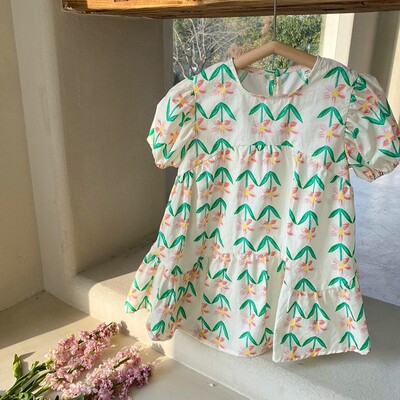 Suvine tüdrukute kleit Ümara kaelusega puhvis varrukatega lillemustriga pikk kleit Laste vabaaja riided Lastele armas printsessi kleit