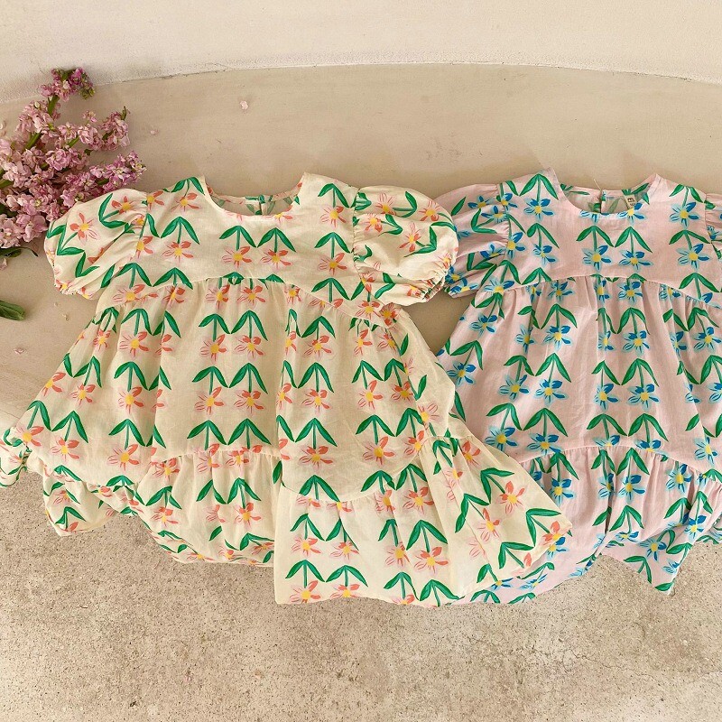 Suvine tüdrukute kleit Ümara kaelusega puhvis varrukatega lillemustriga pikk kleit Laste vabaaja riided Lastele armas printsessi kleit