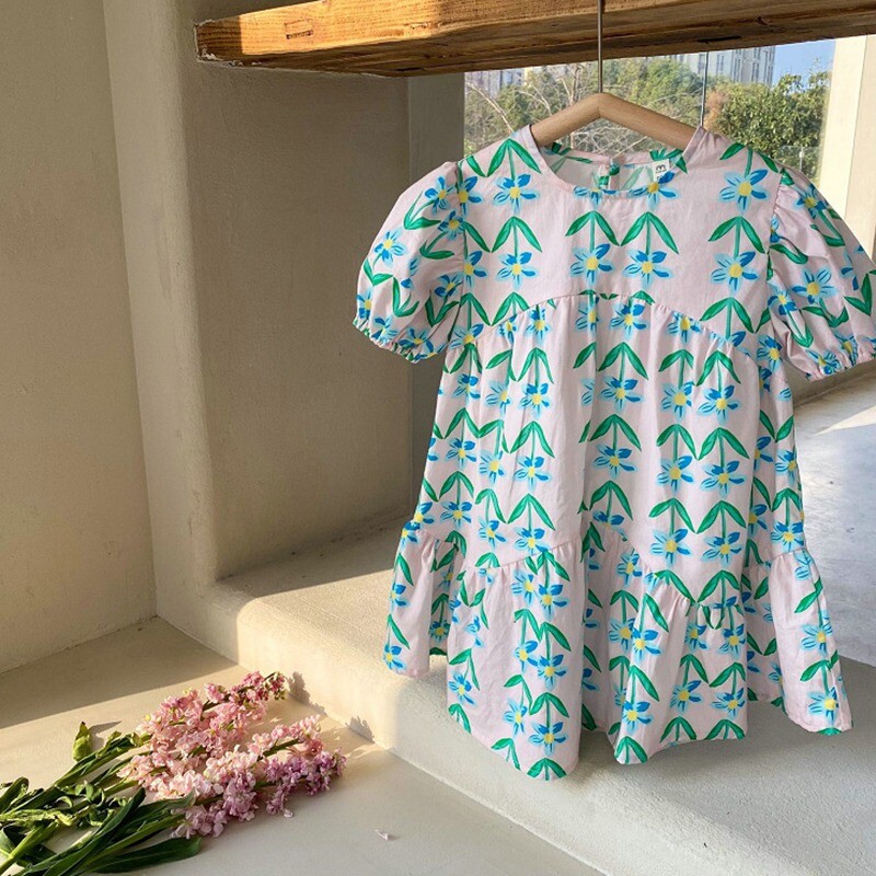 Suvine tüdrukute kleit Ümara kaelusega puhvis varrukatega lillemustriga pikk kleit Laste vabaaja riided Lastele armas printsessi kleit