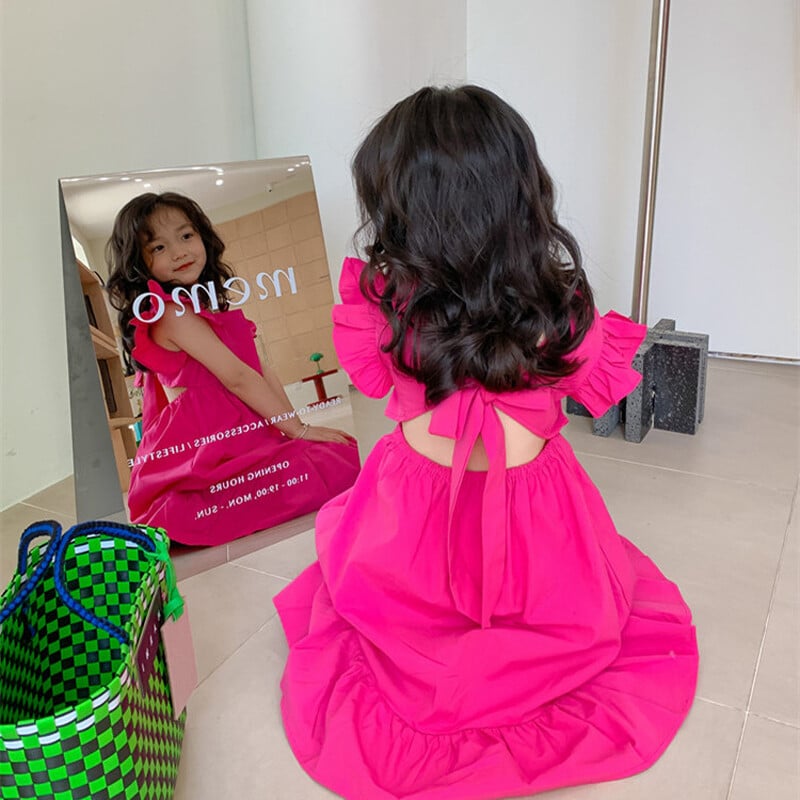 Vasaros mergaičių suknelė su didele nugara Korėjietiškos versijos Suknelės su raukšlėmis su rankovėmis Vaikiški drabužiai Miela vaikiška laisvalaikio suknelė