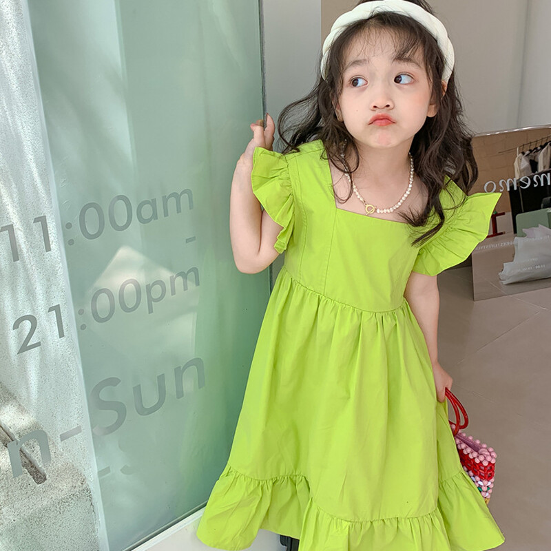 Vasaros mergaičių suknelė su didele nugara Korėjietiškos versijos Suknelės su raukšlėmis su rankovėmis Vaikiški drabužiai Miela vaikiška laisvalaikio suknelė