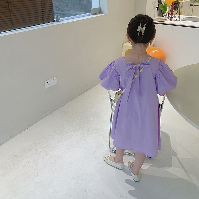 Suvine beebitüdrukute printsesskleit Magus ühevärviline puhvis varrukatega kleit tüdrukutele Moodne lasteriietus 3-7a laste kleidid tüdrukutele