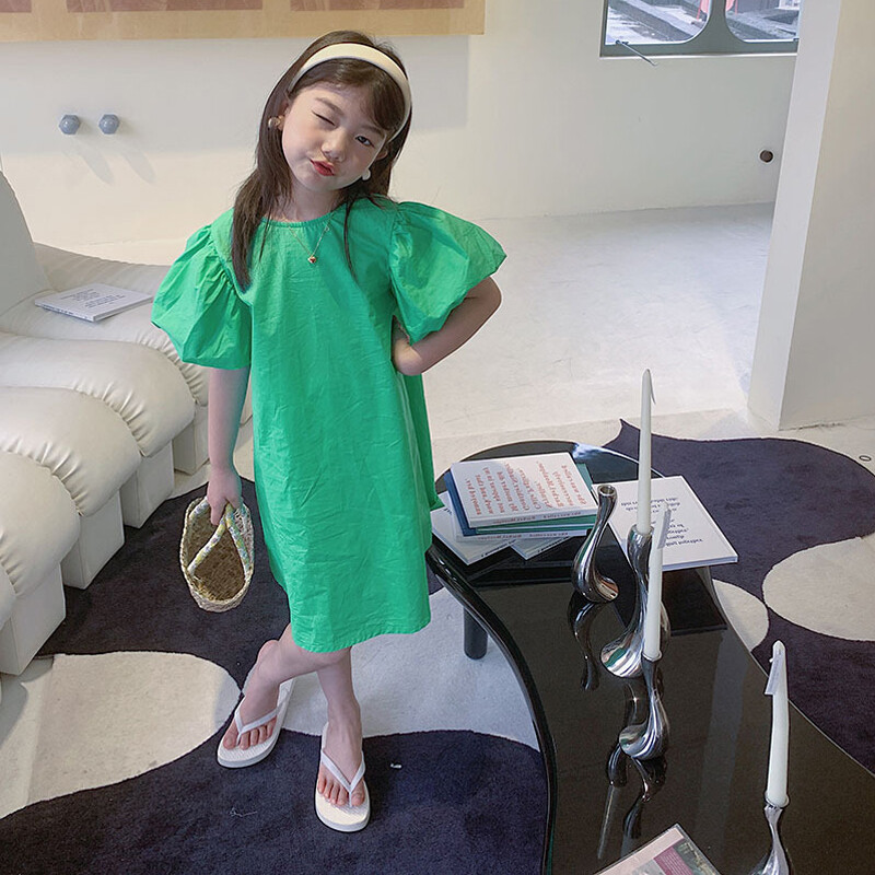 Suvine beebitüdrukute printsesskleit Magus ühevärviline puhvis varrukatega kleit tüdrukutele Moodne lasteriietus 3-7a laste kleidid tüdrukutele