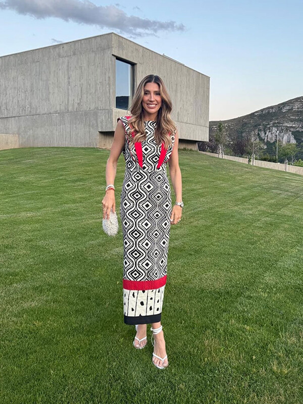 Moteriškos elegantiškos margintos suknelės su apvaliu kaklu madingos skraidančios rankovės aukštu juosmeniu spalvotos blokinės suknelės Vasaros atostogų gatvės chalatai