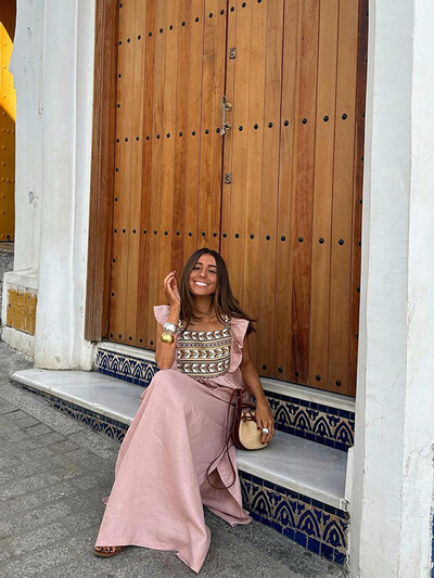 Prinditud Lotus Leaf varrukatega lõhestatud naiste maksikleit Elegantne ruudu kaelusega kõrge vöökohaga suvekleidid 2024. aasta kõrge tänavarõivaste hommikumantlid