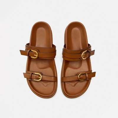 2024 Sandale de damă cu cataramă metalică Sandale plate pentru femei Pantofi negri plat cu slingback pentru femei cu bretele de vară Pantofi cu vârf rotund