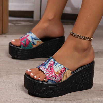 Wedge naistejalatsid 2024. aasta suvised moeprintimisega naiste sussid, väliplatvormiga rannanaised, suures suuruses 43 Zapatos De Mujer