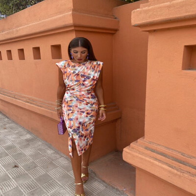 Trükitud plisseeritud kleidid naistele O kaelusega varrukateta kõrge vöökohaga puusakomplekt õhuke naiste kleit 2024 suvine uus rand, naiste vestid