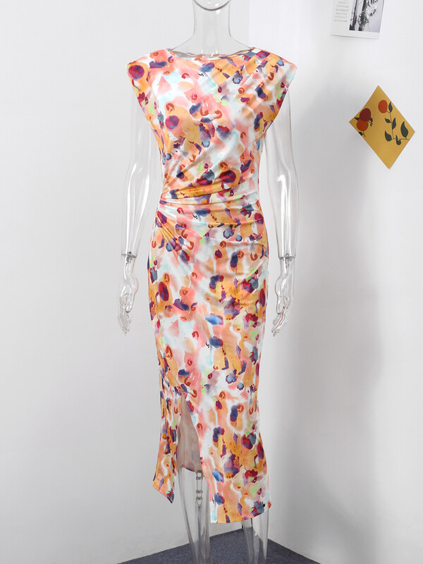 Trükitud plisseeritud kleidid naistele O kaelusega varrukateta kõrge vöökohaga puusakomplekt õhuke naiste kleit 2024 suvine uus rand, naiste vestid