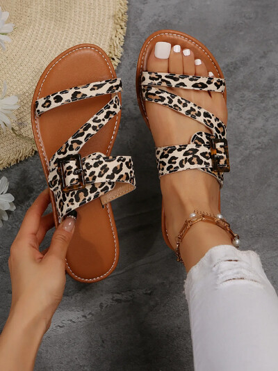 Naiste Suvised Leopardimustrilised sandaalid Uus mood Retro Suured Lamedad Sussid Õues Puhkus Rannas Vabaajajalatsid Kerged
