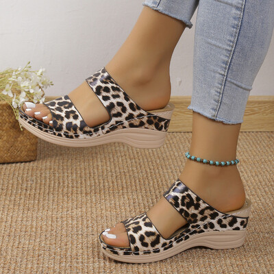 Papuci ortopedici premium Pantofi noi de vară pentru femei Sandale cu platformă cu pană de mărime mare Retro Roma, leopard, tobogane de plajă