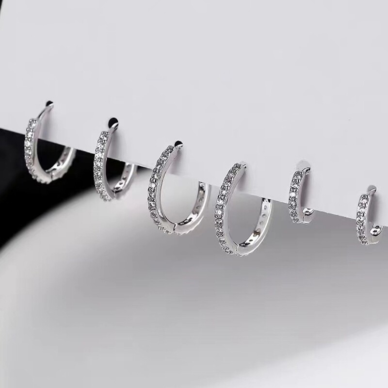 ANENJERY Cercei cu cerc cu zircon dublu și mai multe dimensiuni pentru bărbați, femei, la modă, de culoare argintie delicată, îmbrăcăminte mici серьги aretes