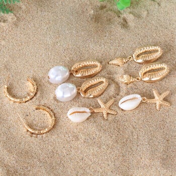 Σετ σκουλαρίκι Bohemia Shell Starfish Dangle για γυναίκες Summer Beach Pearl Conch Drop Γεωμετρικό σκουλαρίκι για κορίτσια Μόδα κοσμήματα