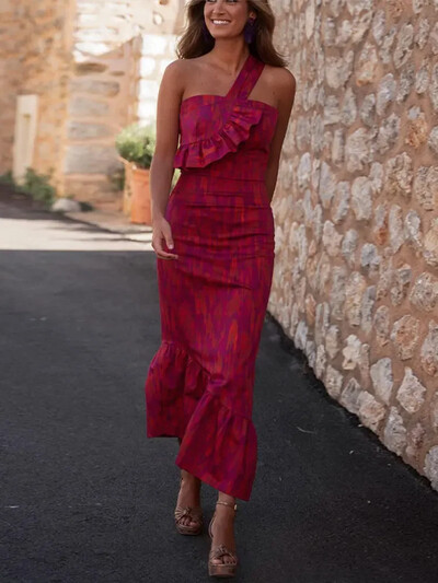 Moda guler oblic, fără mâneci, fără spate, crop tops, set de fuste femei, elegant, cravată, imprimat, rochie subțire, ținută de vară pentru damă