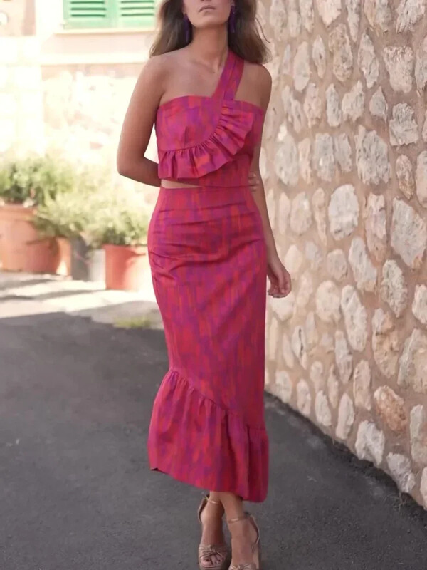 Moda guler oblic, fără mâneci, fără spate, crop tops, set de fuste femei, elegant, cravată, imprimat, rochie subțire, ținută de vară pentru damă