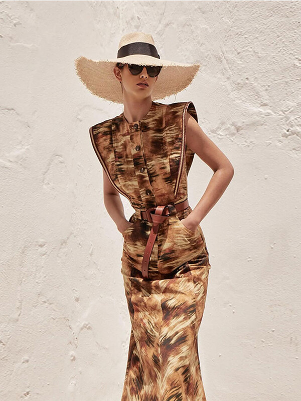 Elegantne O-kaelusega trükitud pikk kleit naistele Moodne varrukateta üherealised A-kujulised kleidid 2024 Uued šikkad naiste tänavamantlid