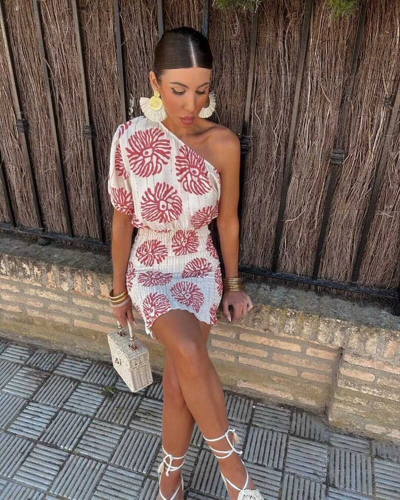 2024 Summer Chic Guler Diagonal Vintage Print Mini Rochie Femei Elegante Un singur umăr Mâneci scurte Fusta plisată Office Lady