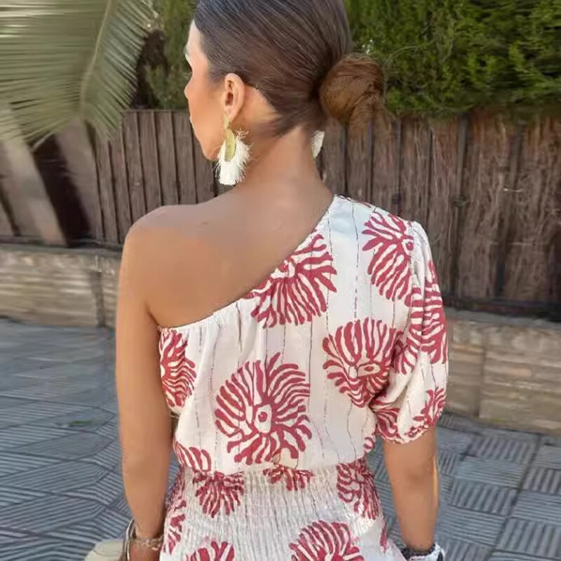 2024 Summer Chic Guler Diagonal Vintage Print Mini Rochie Femei Elegante Un singur umăr Mâneci scurte Fusta plisată Office Lady