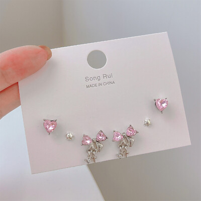 17KM INS Y2K Ροζ καρφωτά σκουλαρίκια για κορίτσια Κορεάτικα σκουλαρίκια με φιόγκο Μόδα κοσμήματα με γλυκό κρύσταλλο