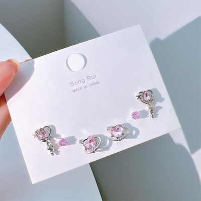 17KM INS Y2K Ροζ καρφωτά σκουλαρίκια για κορίτσια Κορεάτικα σκουλαρίκια με φιόγκο Μόδα κοσμήματα με γλυκό κρύσταλλο
