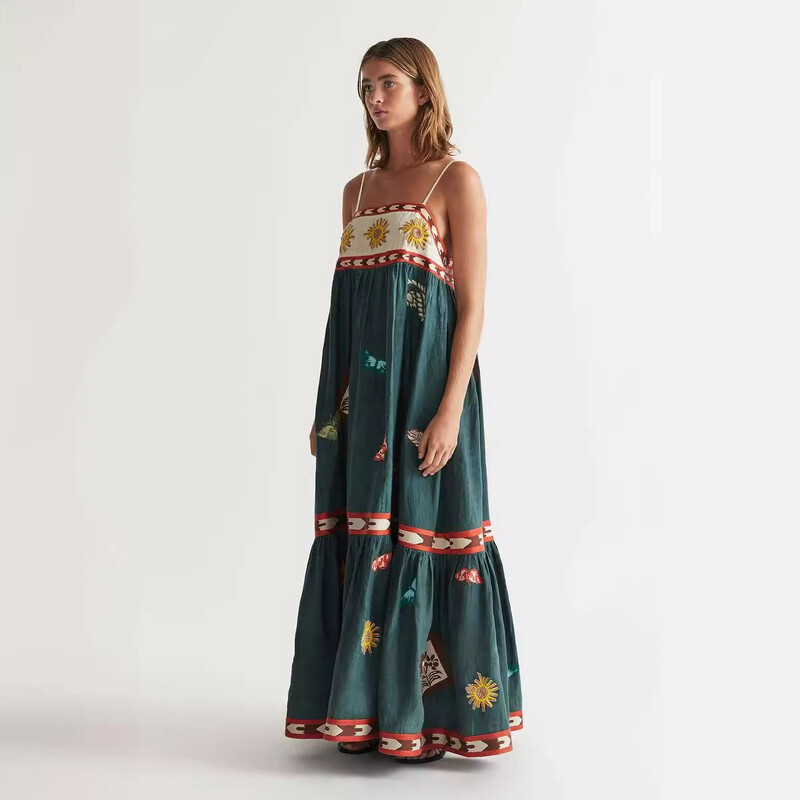 Seksika prindiga graafika naiste elegantsed rihmad, pikk, vabaaja kleit, vaba varrukateta, suvine naiste A-kujuline midikleit seljataga puhkuseks