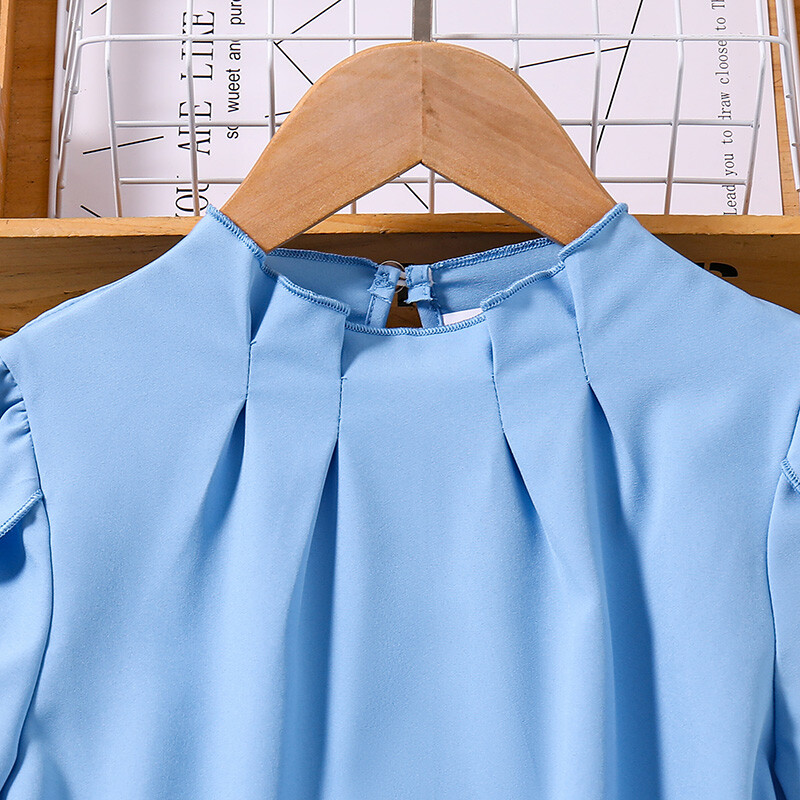 Naujo dizaino klasikinė mėlyna suknelė trumpomis rankovėmis ir diržas Miela elegantiška stilinga princesės mergaitės suknelė atostogų vakarėliui, kasdienis laisvalaikio stilius