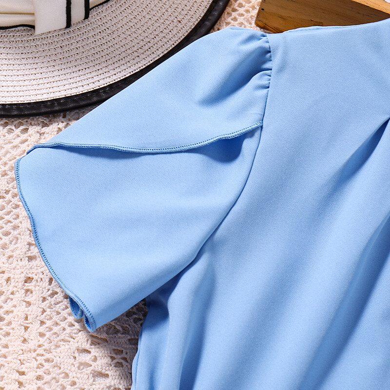 Naujo dizaino klasikinė mėlyna suknelė trumpomis rankovėmis ir diržas Miela elegantiška stilinga princesės mergaitės suknelė atostogų vakarėliui, kasdienis laisvalaikio stilius