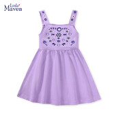 Little Manven Vasarinė Suknelė Mažiems Kūdikiams Drabužiai Mergaitėms Medvilnė Violetinė Siuvinėjimas Gėlės Berankovė Suknelė Vaikiški Drabužiai