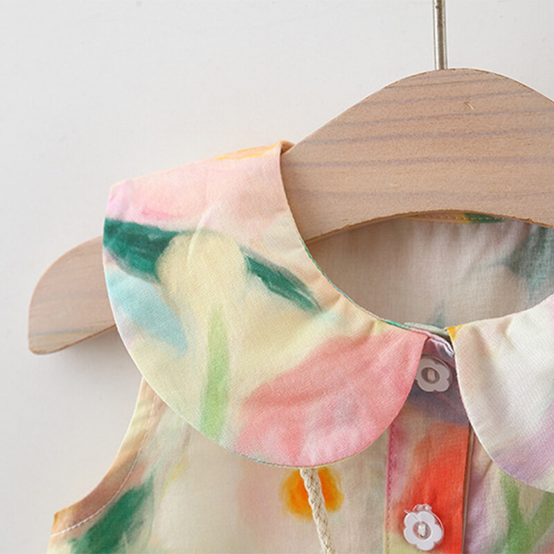 Suvine õlimaali kaelarihm puuvillane beebitüdruku kleit nukukrae varrukateta rannatüdruku kleit kotiga