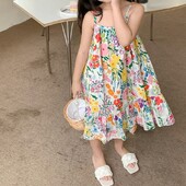 Tüdrukute korea stiilis suvekleit peoriided Trendikas armas kleit Nahasõbralik, hingav 3-8T lilledega trükitud varrukateta kleit