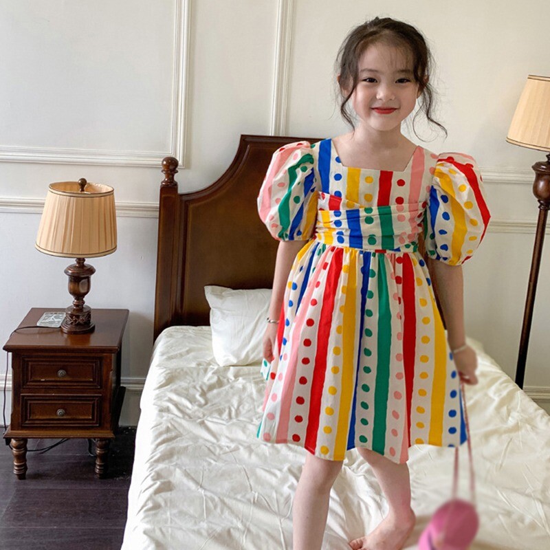 Suvised tüdrukud värvilise täpitrükiga vikerkaarevärvi vöökohaga punnis kleit, ruudukujuline kaelus, mullivarrukatega armas printsesskleit 3-8T