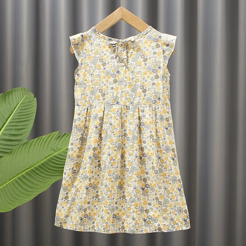 Vara Copii Printesa Rochie Mica Flying Maneca Galben Floral Fata Casual Fusta pana la genunchi