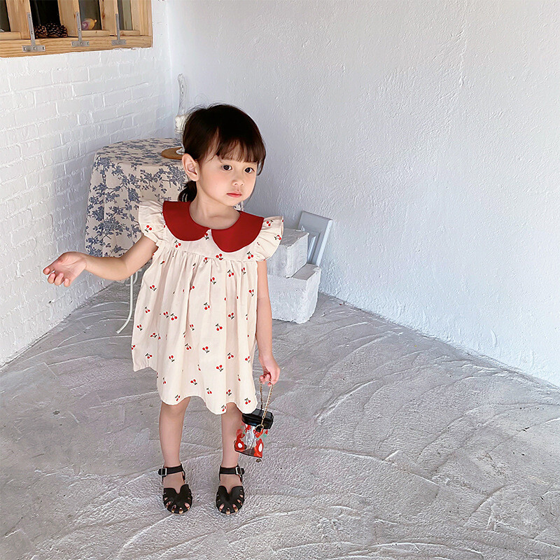 1-7T Rochie pentru fete cu imprimeu cireșe pentru copii mici Haine pentru bebeluși cu volane Rochii din bumbac fără mâneci Rochie de soare drăguță elegantă și dulce
