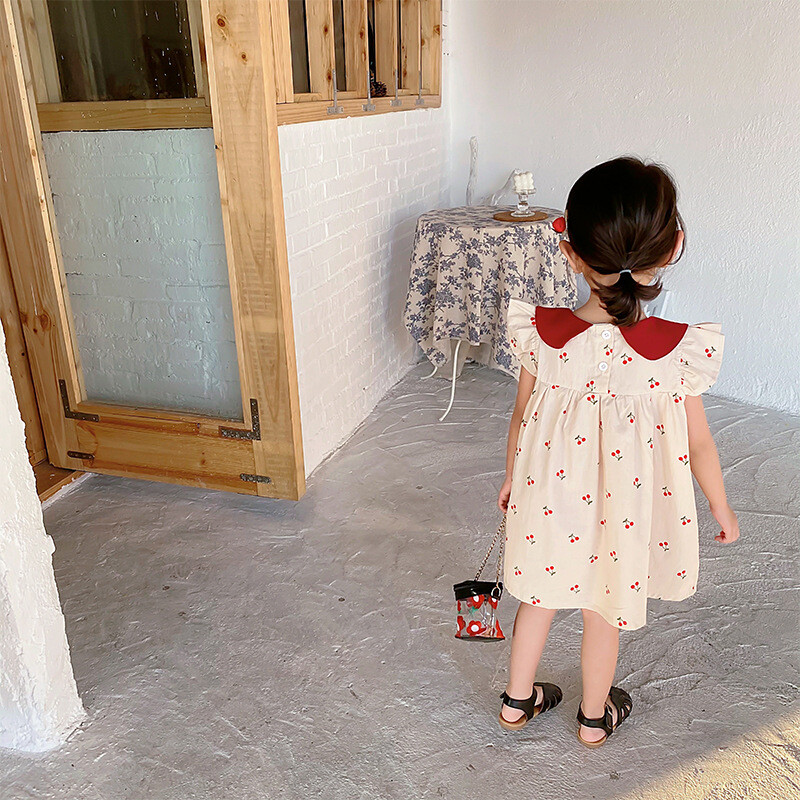 1-7T Rochie pentru fete cu imprimeu cireșe pentru copii mici Haine pentru bebeluși cu volane Rochii din bumbac fără mâneci Rochie de soare drăguță elegantă și dulce