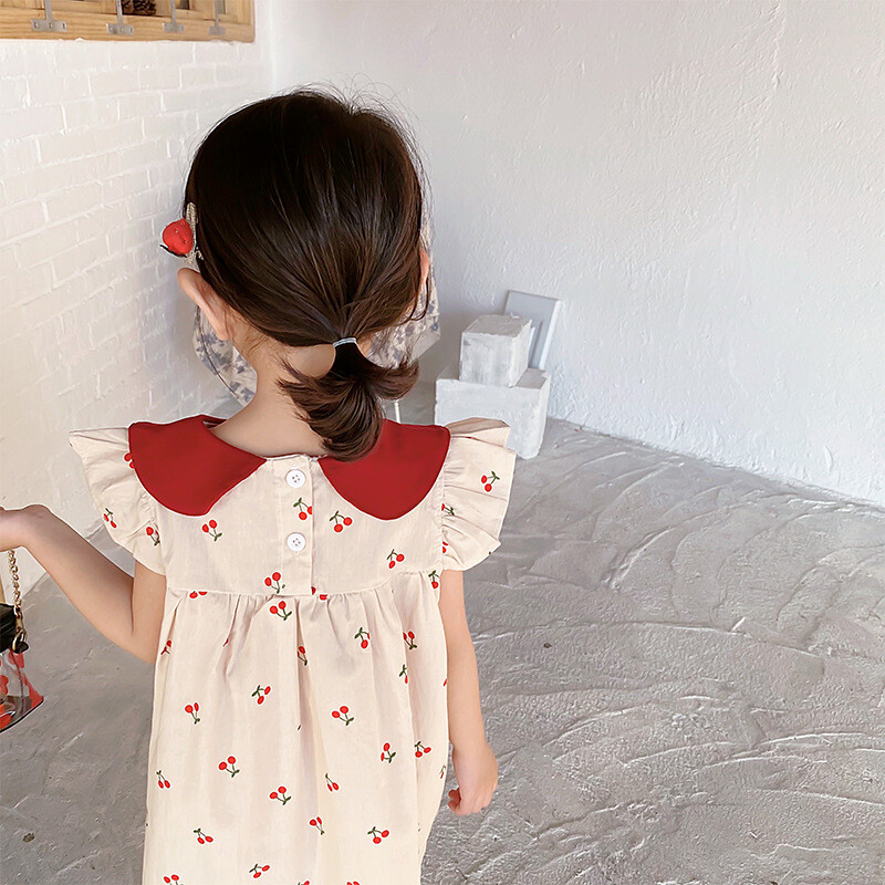 1-7T Rochie pentru fete cu imprimeu cireșe pentru copii mici Haine pentru bebeluși cu volane Rochii din bumbac fără mâneci Rochie de soare drăguță elegantă și dulce