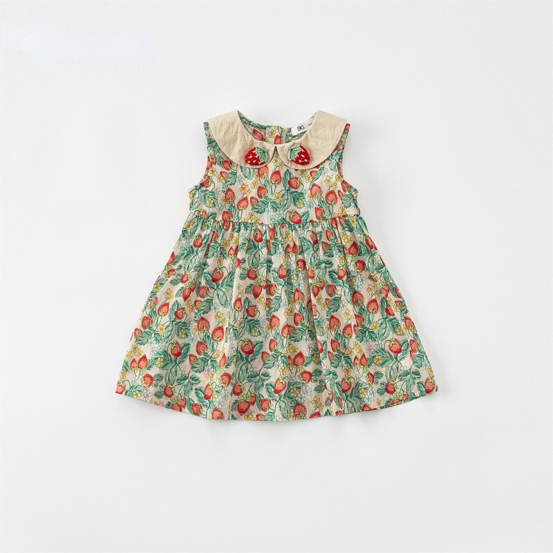 Korea stiilis uus suvine beebi tüdrukute vestikleit armas maasikas Peter Pan krae Varrukateta printsesskleidid lasteriided E7218