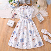 Lastekleit 8–12-aastastele tüdrukutele, valge kaelusega varrukateta lilleline kleit ja vöö Elegantne rannapuhkuse lasteriided