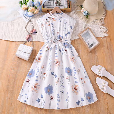 Lastekleit 8–12-aastastele tüdrukutele, valge kaelusega varrukateta lilleline kleit ja vöö Elegantne rannapuhkuse lasteriided