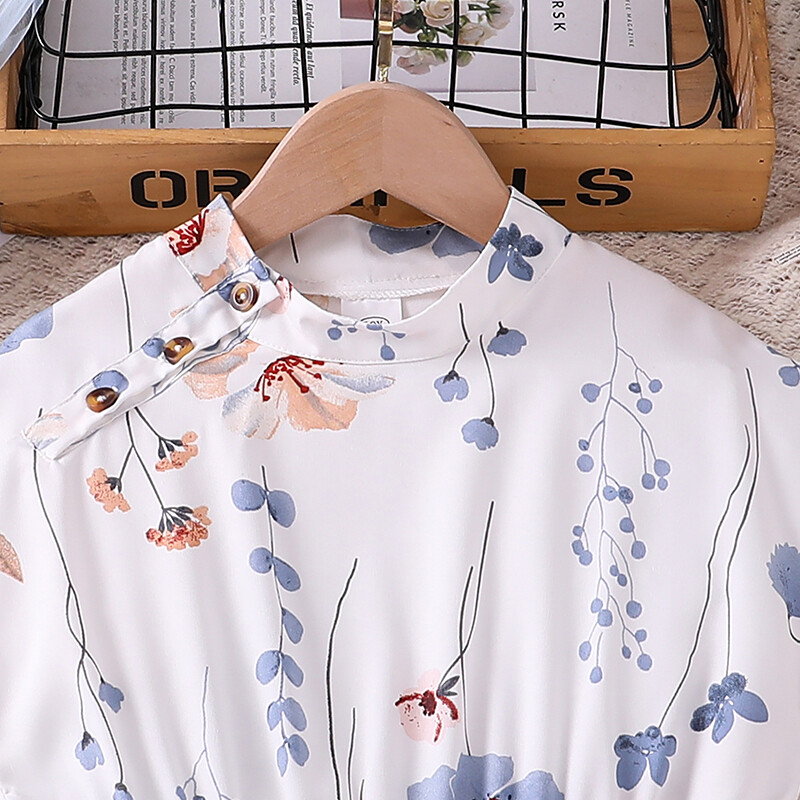 Lastekleit 8–12-aastastele tüdrukutele, valge kaelusega varrukateta lilleline kleit ja vöö Elegantne rannapuhkuse lasteriided