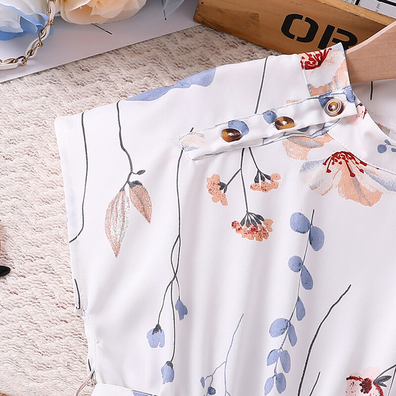 Lastekleit 8–12-aastastele tüdrukutele, valge kaelusega varrukateta lilleline kleit ja vöö Elegantne rannapuhkuse lasteriided