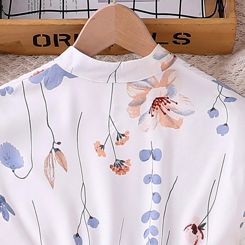 Lastekleit 8–12-aastastele tüdrukutele, valge kaelusega varrukateta lilleline kleit ja vöö Elegantne rannapuhkuse lasteriided